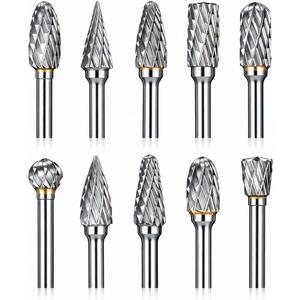 Sworker 10 Pcs Carbide Burr Set 1/8" Shank w/ 2 Collets Compatible with Dremel Bits Rotary Tools Attachment Kit Rasp Drill File Accessories Metal Wood Stone Steel Grinding Carving Cutting Polishing