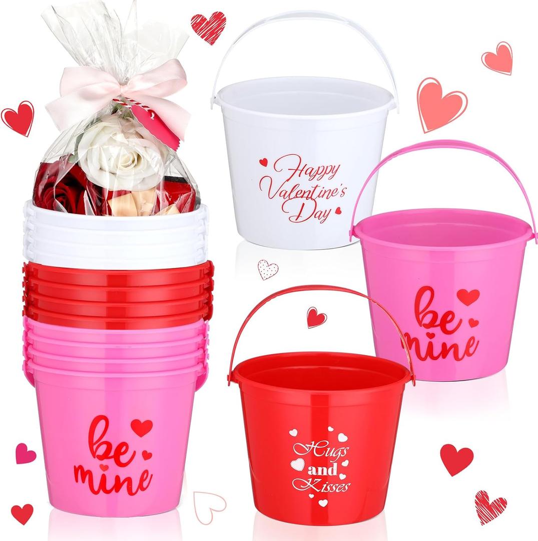 12 Pcs Valentine Sand Buckets Gift Set Red Pink White Plastic Buckets with Handle Valentines Day Party Favor 5.7'' x 4.7'' Storage Candies Chocolate Gift Bulk for Party Supplies