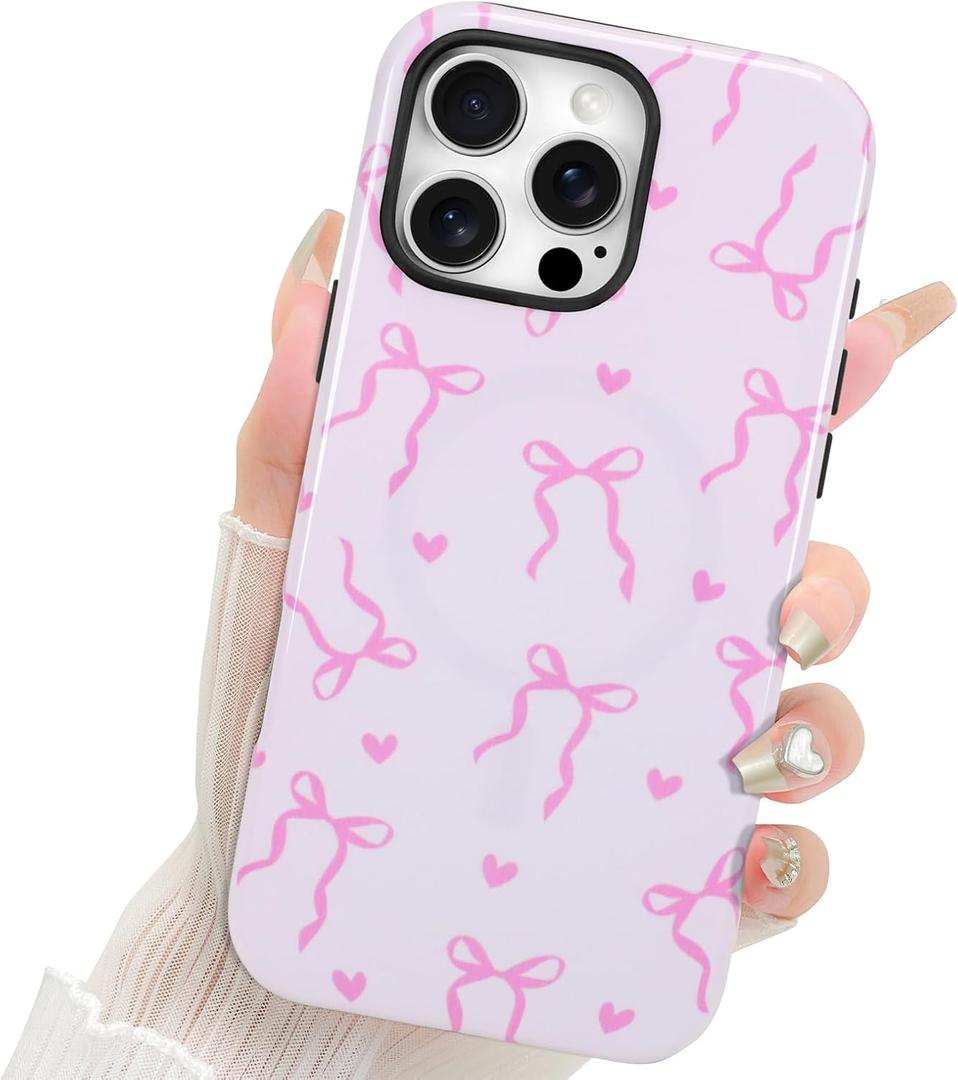 Fiyart Designed for iPhone 16 Pro Case Cute Trendy Aesthetic Bow Pattern Compatible with MagSafe Checkered for Women Girls Hard Phone Shockproof Cover 6.3",Pink Ribbon Bowknot