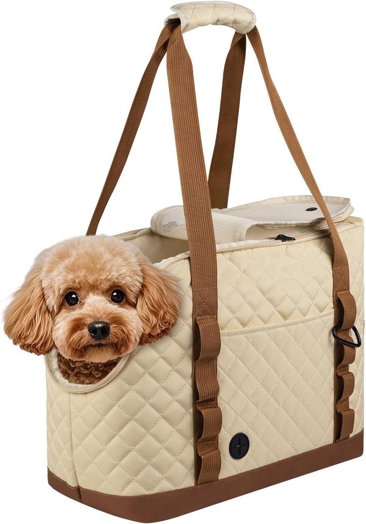 Dog Purse Carrier for Small Dogs, Soft Sided Pet Carrier with Pockets, Foldable Dog Carrier Purse for Puppy, Rabbit, Cat, Washable Breathable Pet Carrier, Dog Carrier Bag for Outdoor Shopping Travel (Beige)