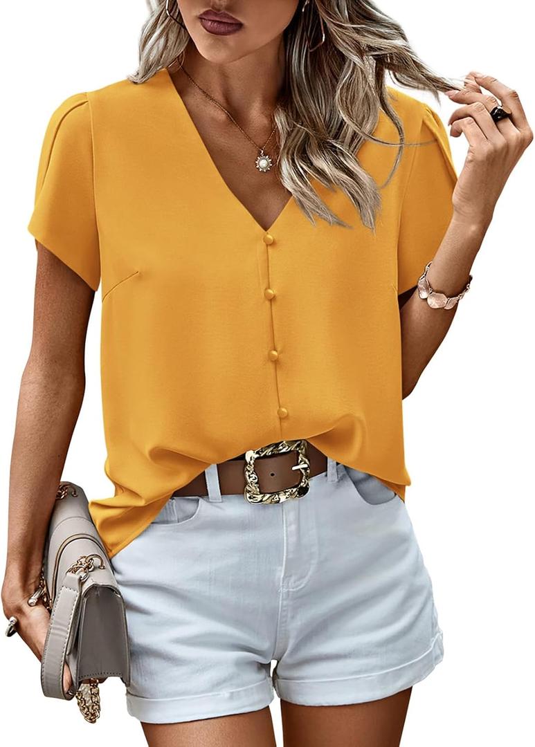PRETTYGARDEN Short Sleeve Tops for Women 2025 Summer Spring Western Chiffon Blouses Dressy Casual Work Pearl Shirts (Small, Yellow)