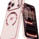 Magnetic Case for iPhone 17 Pro Women Girls Luxury Plating Cute Love Heart Soft Back Cover Full Camera Lens Protection Compabtible with MagSafe for iPhone 17 Pro Case Pink