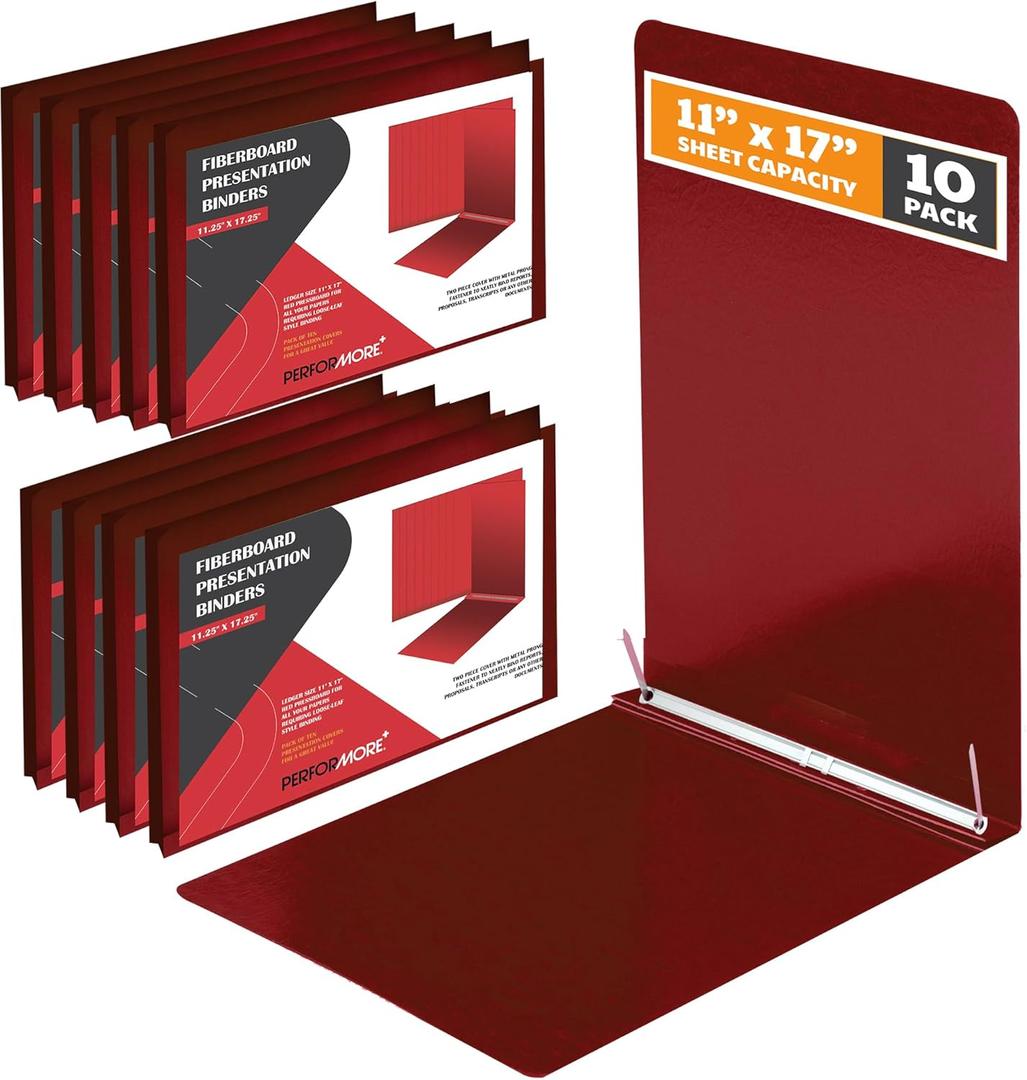 Performore 10 Pack of 11x17 Inch Landscape Pressboard Presentation Binder Folder, Red Fiberboard Report Cover with Metal Prong Paper Fastener for Document Storage, Proposals, Transcripts