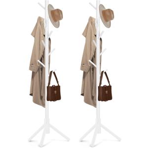 Freyawin 2PCS Solid Wooden Coat Rack Freestanding, New Zealand Pine Coat Tree with 8 Hooks & 3 Adjustable Sizes for Coats, Hats, Handbags and Scarves, Space Saving for Entryway/Office/Bedroom (White)