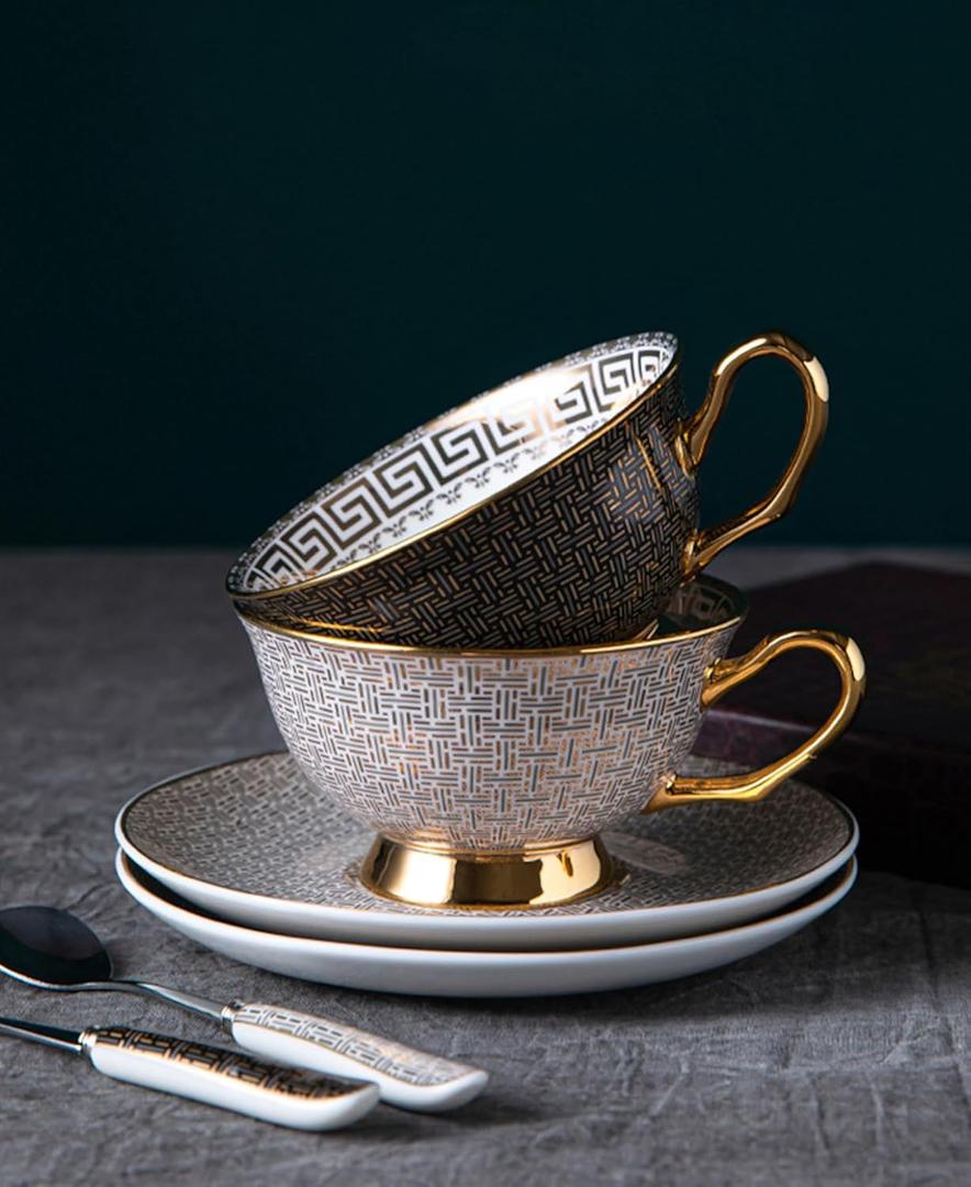 TFE's Tea Cup and Saucer Set - 6 Pcs Bone China with Vintage Design Gift Set - Coffee Cup and Espresso Cup Set for Any Occasion Including Formal Gatherings (Black & White Grid)
