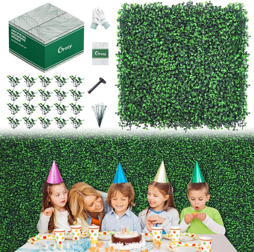 Grooy 16PCS Grass Wall, Artificial Boxwood Panels, Privacy Hedge Fence Screen with UV Protection, Greenery Backdrop for Indoor Home Wedding Decor and Outdoor Garden Backyard