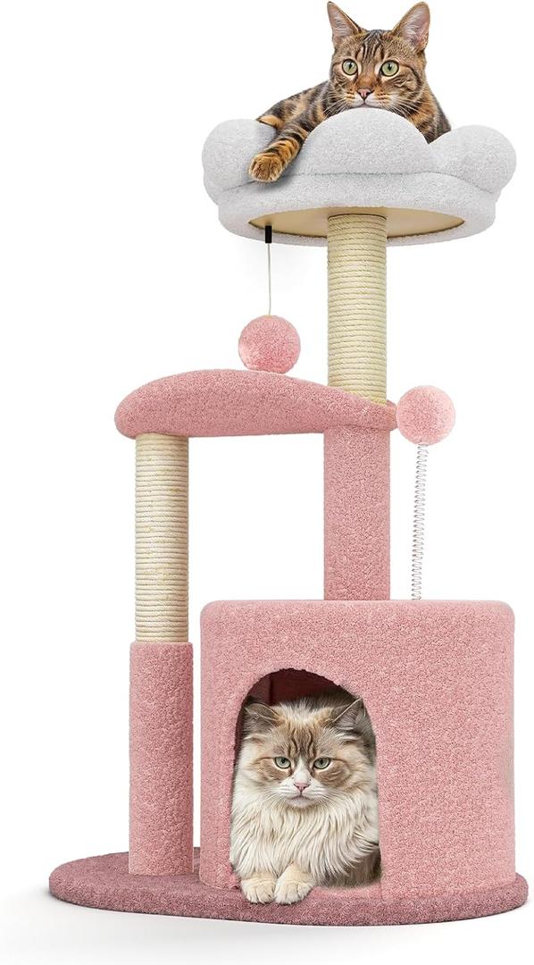 MoNiBloom 33" Flower Cat Tower, Cute Cat Activity Tree with Scratching Post for Indoor Kittens, Cozy Condo & Plush Perches, Pink