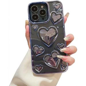 Compatible with iPhone 14 Pro Max Case Clear Glitter 3D Love Hearts Cute Girly Design Slim Protective Transparent Cover for Women Girl Sparkly Bling Chrome Edge Soft TPU Electroplated Glossy Blue