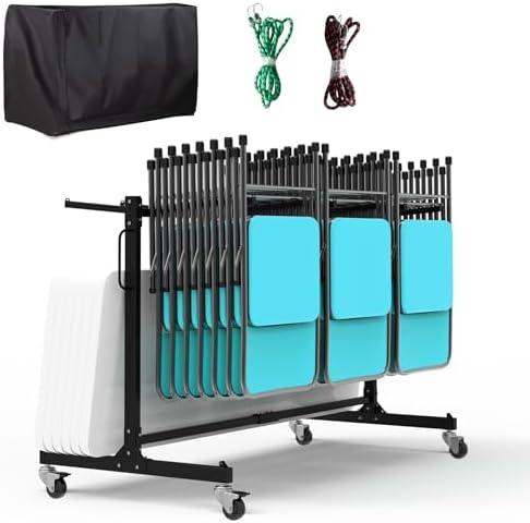 Eastrexon Folding Chair Rack, Heavy-Duty Folding Chair Cart with Swivel Wheels, 600 LBS Capacity for 12 Tables or 42 Chairs, Chair and Table Cart w/Dust Cover and 2 Binding Ropes