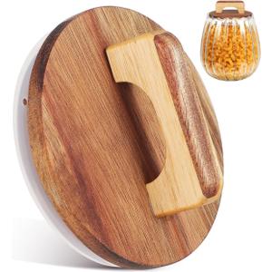 DOITOOL Wood Mason Jar Lids with Silicone Sealing Ring, 4 Inch Round Wide Mouth Acacia Wood Canning Jar Lids Covers with Handle
