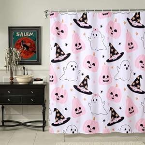 Aldopein Cute Halloween Fabric Shower Curtain Aesthetic Funky Bathroom Decorations, Colorful Fun Scary Jack Pumpkins Ghost Witch Hats Gothic Halloween Fall Girls Kids Shower Curtain Set with Hooks