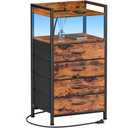 Furnulem Night Stand with Charging Station and Led Light, 4 Drawer Dresser for Bedroom, Small Nightstand Bedside Table, Fabric Bins, Metal Frame, Wood Shelf, Side Furniture(Rustic Brown)