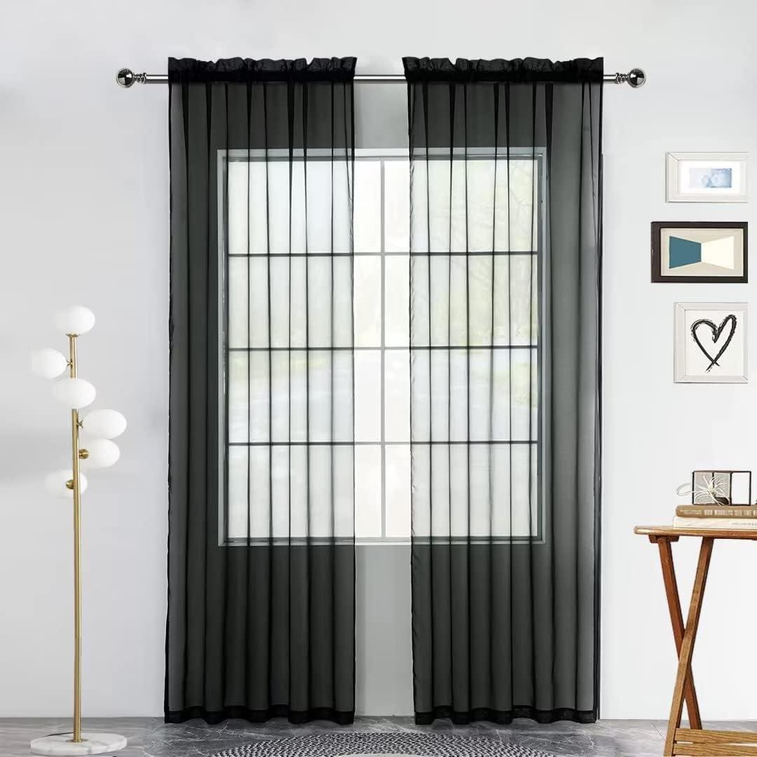 SpaceDresser Sheer Voile Window Treatment Rod Pocket Curtain Panels for Kitchen Bedroom Living Room Drapes Sunlight Filtering Privacy Semi Home Decor Assorted (Black, 52 W x 45 L)