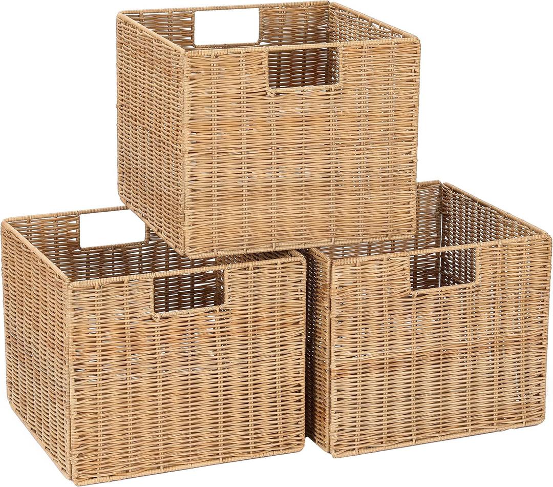 12X12X10in Plastic Wicker Storage Basket, Collapsible Wicker Cube Storage for Shelves, Woven Plastic Storage Basket for Pantry, Bedroom, Living Room, Bathroom, Shelves-3 Pack (Natural)