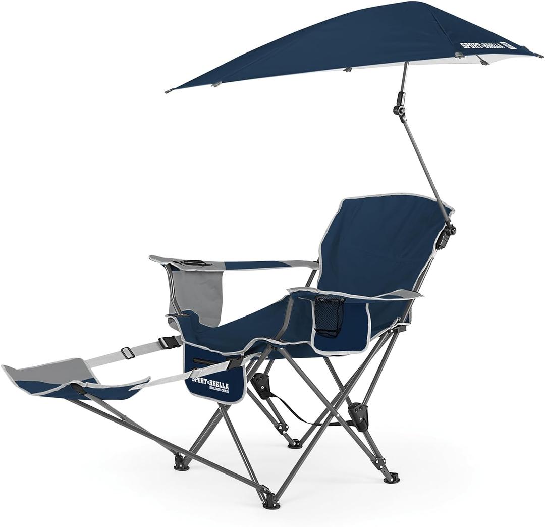 Sport-Brella Reclining Beach Chair (Midnight Blue) - 3-Position Adjustability, Detachable Footrest - 3-Way Swiveling UPF 50+ Umbrella - Insulated Drink Pocket, Cup Holder, Zippered Storage & Carry Bag