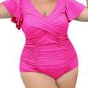 Women Plus Size Swim Romper Swimsuits One Piece Swim Suit Modest Tummy Control Ruffle Sleeves Bathing Suits (3X-Large, Fuchsia)