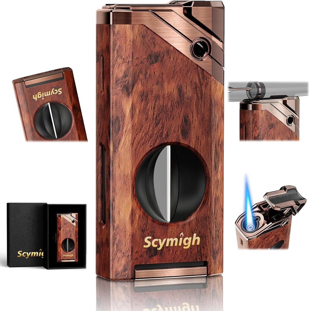 All-in-one Torch Lighter with Cutter, Holder, Windproof Flame, Refillable Butane Jet Flame Lighter, Multifunctional Accessories, Gifts for Men, Cool Lighters for Candle, Outdoor (Without Gas) (Woodgrain)