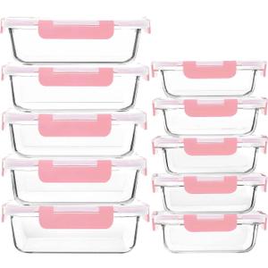 M MCIRCO [10-Pack Meal Prep Containers with Snap Locking Lids, Glass Airtight Lunch, Food Storage Containers, Microwave, Oven, Freezer and Dishwasher Friendly, Pink