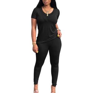 Chicyes Workout Sets For Women Summer Casual 2 Piece Outfits Short Sleeve Tops Long Pants Lounge Matching Tracksuist Clothes M