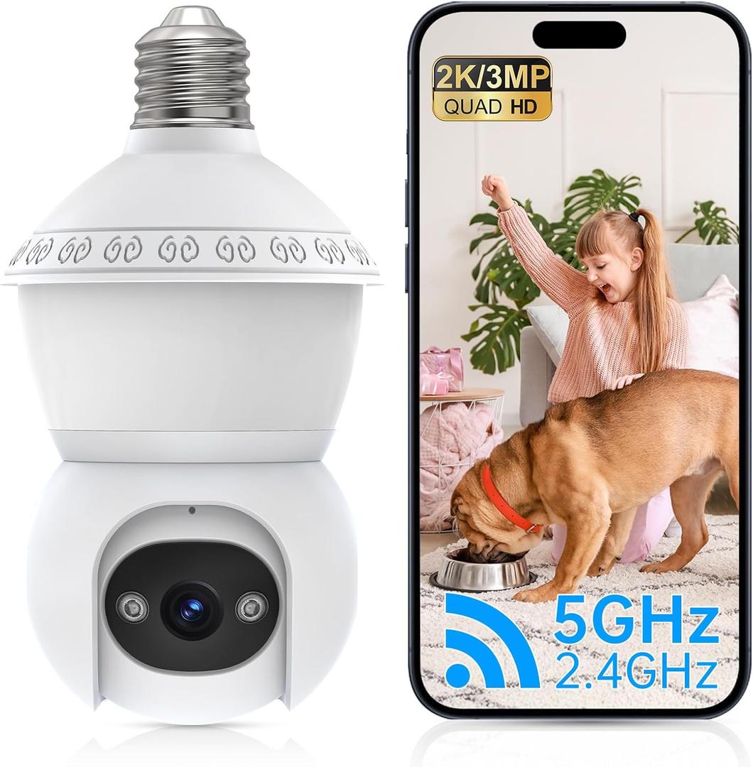 Light Bulb Security Camera, 2.4G/5GHz WiFi 2K Security Cameras Wireless Outdoor Indoor,Bulb Cameras for Home Security,AI Human Detection,Siren Alarm,2 Way Talk,Color Night Vision,Compatible with Alexa