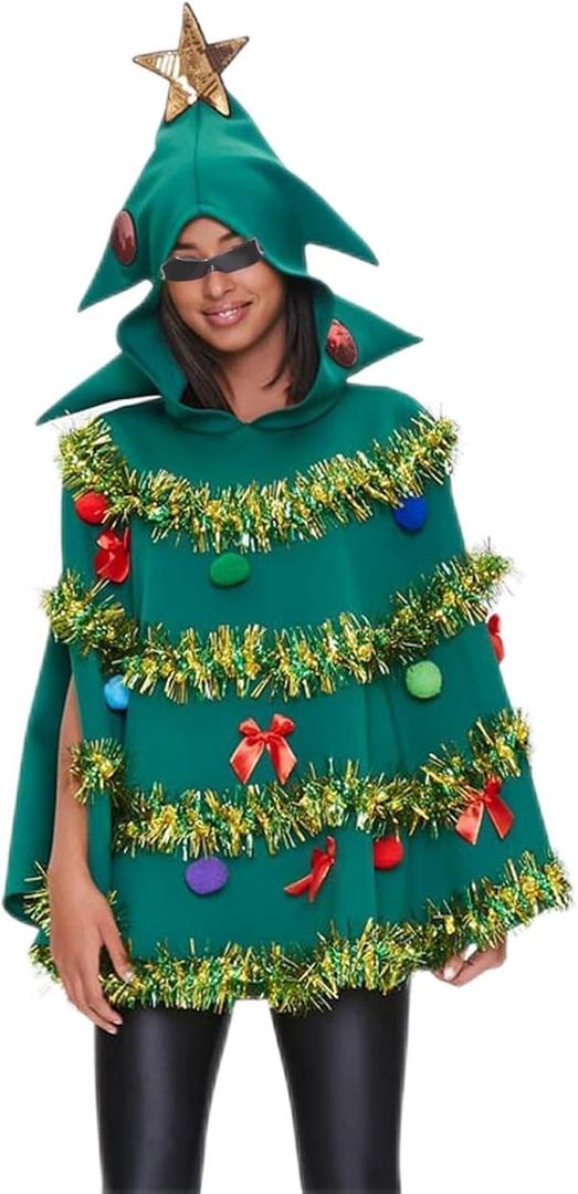 Christmas Tree Cape Costume for Women Bow Ball Decor Hooded Cloak Cape Xmas Tree Dress Costume for Cosplay Party (Green, L)