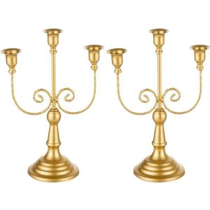 Table Decor Candlestick Holders Candelabras Gold Candle Stick Stands 2 Pcs Metal Candelabra Centerpieces Candle Holders(3-arms Gold)