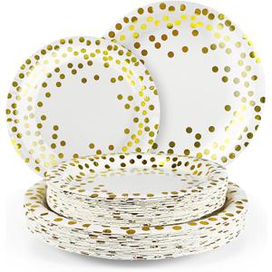 Disposable Plates for Party 50 Sets, 7'' & 9'' Paper Plates, Heavy Duty Golden Dot White Paper Plates Napkins Cups for Baby Shower Birthday Wedding