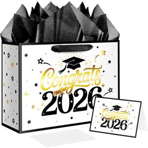 XiaosRen Large Graduation Gift Bag, Congrats 2026 Gift Bag with Tissue Papers and Card for College, Class of 2026 Graduate Party Decor Supplies (White Black)