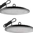 2 Pack UFO LED High Bay Light, 6500K 200W, Black, 21000 LM, IP65 Waterproof, Industrial, High Bay LED Shop Lights