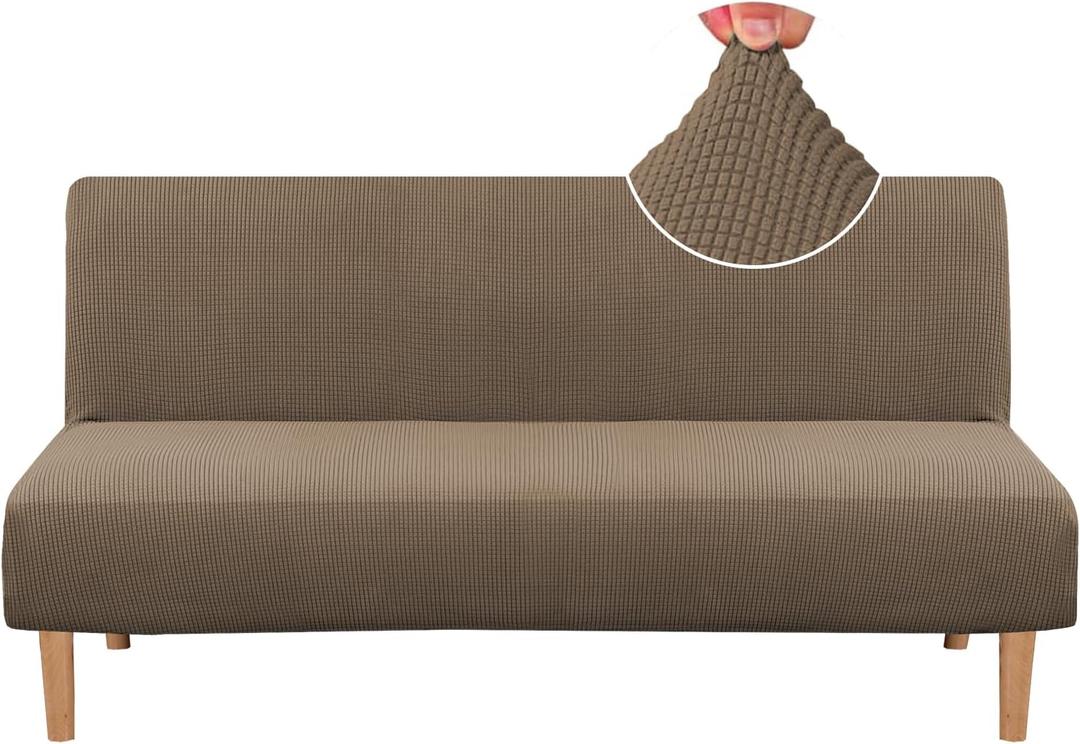 H.VERSAILTEX Armless Futon Cover Stretch Sofa Bed Slipcover Protector Elastic Feature Rich Textured High Spandex Small Checks Jacquard Fabric Futon Cover, Machine Washable, Macchiato