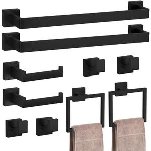 10-Pieces Matte Black Bathroom Accessories Set, 23.6 Inch Bath Towel Bar Set, SUS 304 Stainless Steel Bathroom Hardware Set, Towel Racks for Bathroom Wall Mounted