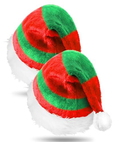 EBOOT 2 Pcs Adult Plush Holiday Christmas Santa Hats Short Plush Claus Cap with Unisex Velvet Comfort Xmas Hat Thicken Plush(Red and Green)
