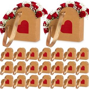 Glenmal 24 Pcs Mother's Day Heart Shaped Flowers Boxes with Handles Empty Kraft Paper Wrap Floral Gift Boxes Bouquet Storage for Wedding Parties