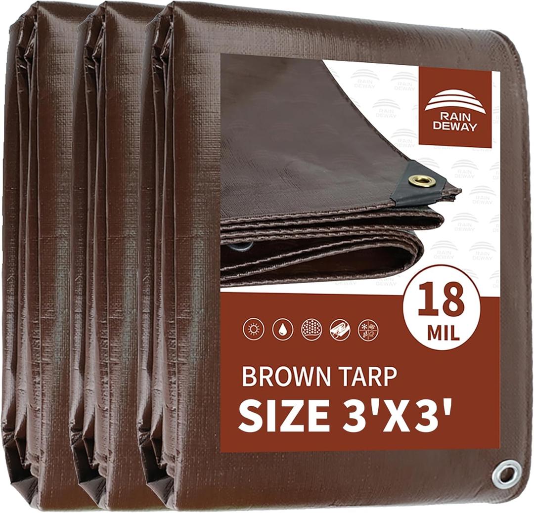 RAINDEWAY 3x3 Feet (3 Pack) Super Heavy Duty Tarp 18 Mil,Small Tarps UV Resistant, Weatherproof, Multipurpose Waterproof Poly Tarp Cover with Grommets and Reinforced Edges,Brown Tarps