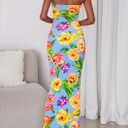 PRETTYGARDEN Women's 2026 Summer Floral Bodycon Maxi Dresses Ribbed Strapless Tube Casual Boho Party Long Dress (Blue, XL)