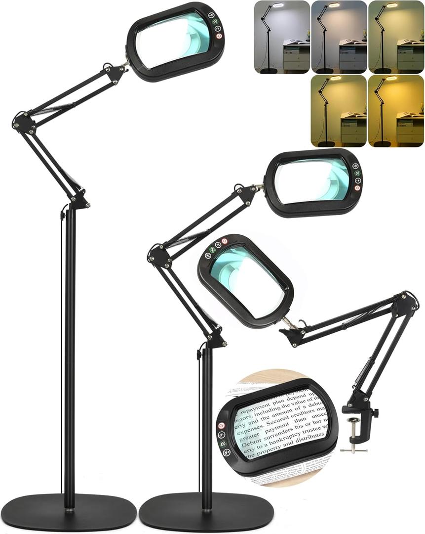 10X Large Rectangle Magnifying Glass with Light and stand, 5*3 Inch Real Glass 5 Color Modes Stepless Dimmable Arm Swing LED Floor Lamp, 3in1 Lighted Magnifier for Reading Painting Craft Close Work