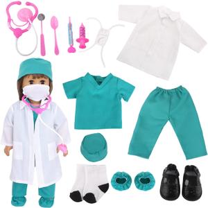 18-Inch Doll Doctor Playset-Pretend Play Medical Kit with White Coat,Scrubs & Surgical Tools,STEM Roleplay Costume for Kids Ages 3-12,Fits Most 18-Inch Girl & Boy Dolls(Green)