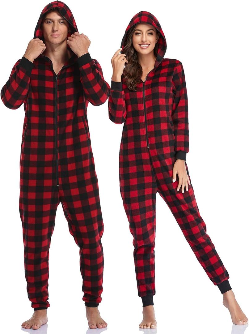 COLORFULLEAF Christmas Onesie Pajamas Adult Family Couples Matching Plaid Hoodie Suit Zipper Fleece Pj For Women and Men (Red, XXL)