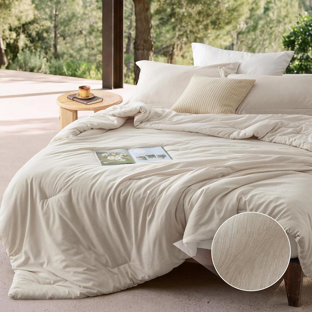 Bedsure Queen Comforter Set - Beige Soft Bedding for All Seasons, Cationic Dyed Bed Set, 3 Pieces, 1 Queen Size Comforter (90"x90") and 2 Pillow Shams (20"x26"+2")