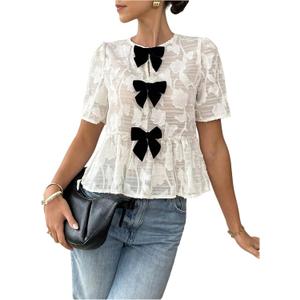 GORGLITTER Women's Floral Peplum Tops Bow Sheer Short Sleeve Ruffle Blouses Cute Babydoll Tops Summer Going Out Outfits (White, S)