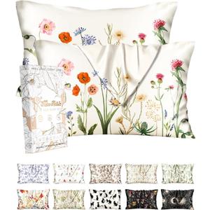 2 Pack Silk Pillowcase - 20x26 Inch Standard Size Silk Pillow Case with Hidden Zipper for Women Lady Smooth Soft Breathable Cute Design Pillowcase for Hair and Skin, Quiet Flower