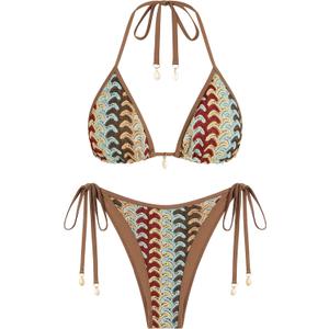 ZAFUL Women's Colorblock Stripes Triangle Halter Tied Cheeky Thong Bikini Set High Cut Two Piece Bathing Suit S