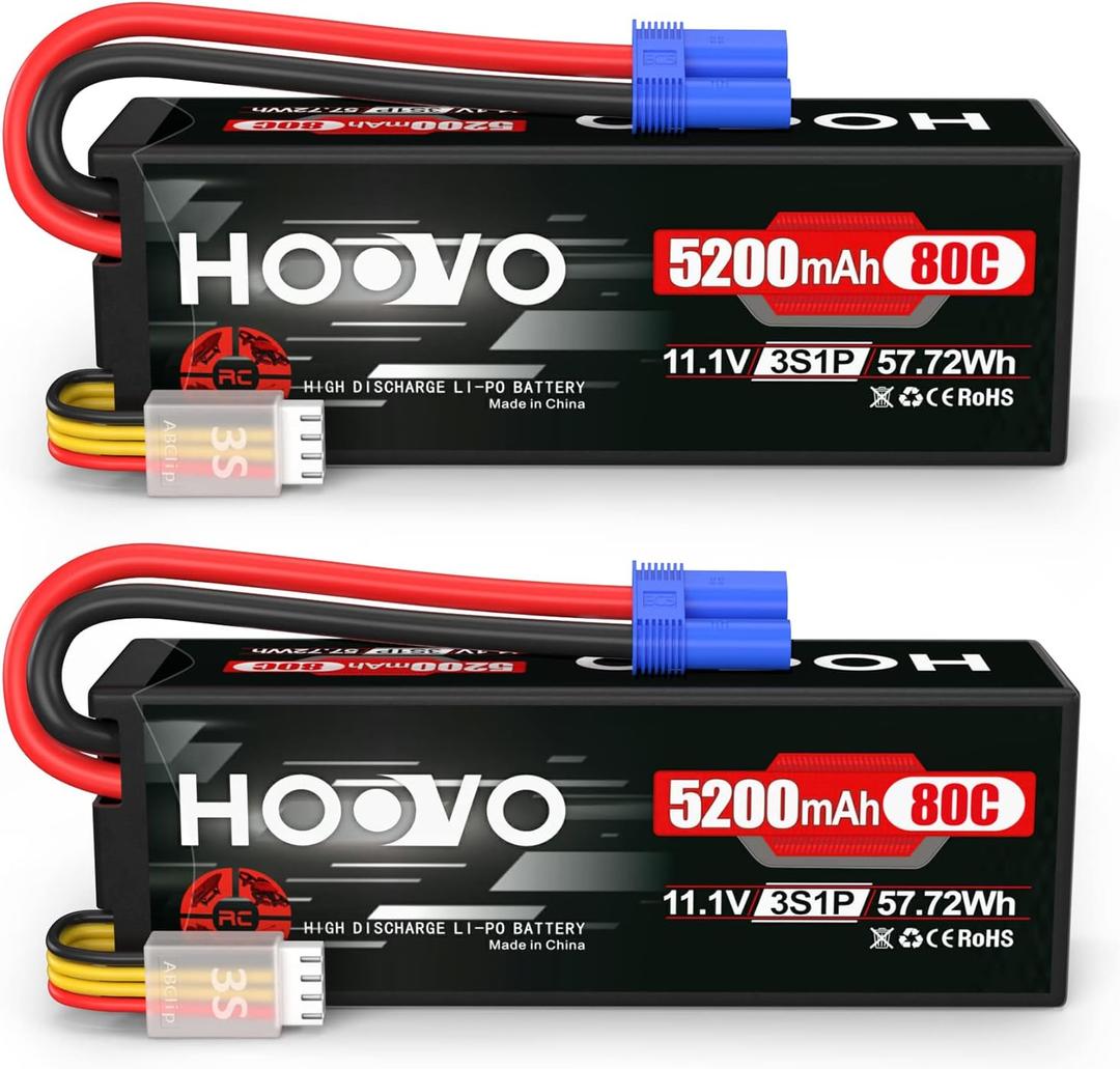 HOOVO 3S 11.1V 80C 5200mAh RC Lipo Battery Hard Case with EC5 Connector for RC Car Boat Truck Heli Airplane UAV Drone FPV Racing (2 Packs)