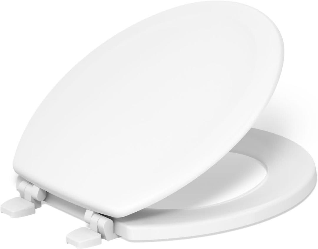 KOHLER 4648-0 Stonewood Round Toilet Seat, Round Wood Seat for Standard Toilets, Comes with Color-Matched Plastic Hinges, Home Essentials, White