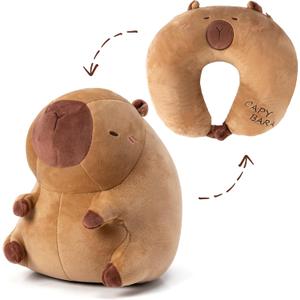 Capybara Kids Travel Pillow - 2-in-1 Deformable Neck Pillow, Soft U-Shaped Headrest Support with Capybara Design, Animal Memory Foam Sleeping Accessories for Car Train Airplane Traveling