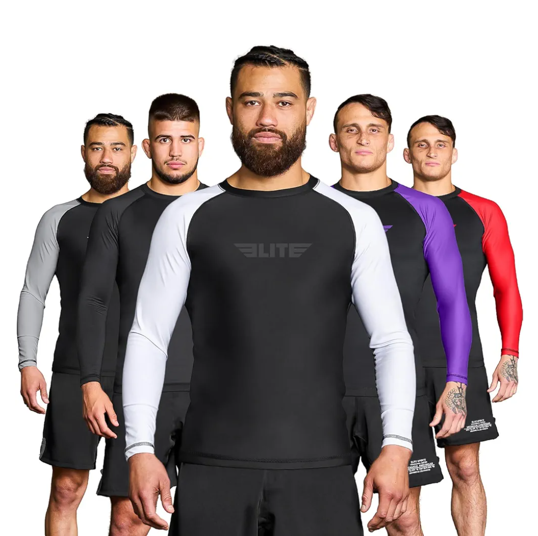 Elite Sports Men's Jiu Jitsu BJJ Rash Guard, Long Full Sleeve Compression Shirt for Sports Nogi Training Black and White M