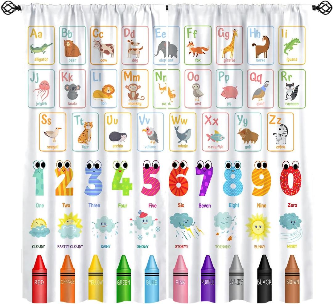 Alphabet ABC Kids Curtains, Colorful Cartoon Animal Learning Daycare Preschool Classroom Window Drapes for Educational Nursery Playroom Bedroom Living Room 42" W X 45" L