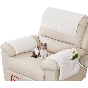 Armrest Covers - Arm Chair Covers Set of 3 Recliner Chair Covers, With pockets Stretch Arm Rest Cover Non-Slip Armchair Protector Cover for Tv Armchair Chair Sofa,Washable (Beige White 22.5x15 in)