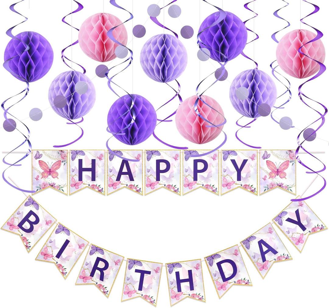 Butterfly Birthday Decorations Kit - 19-Piece Set with Pre-Strung Happy Birthday Banner, Honeycomb Balls, Garland & Swirls | Butterfly Theme Party Supplies for Women Girls Kids, Teens Adults