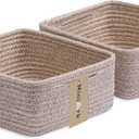 Small Square Shallow Baskets for Organizing, 9.7x9.7x4.3 Inch Rope Woven Storage Bins for Cubes Closet, Shelves Storage, Boho Decorative Basket, 2 Packs Mixed Brown (Natural)